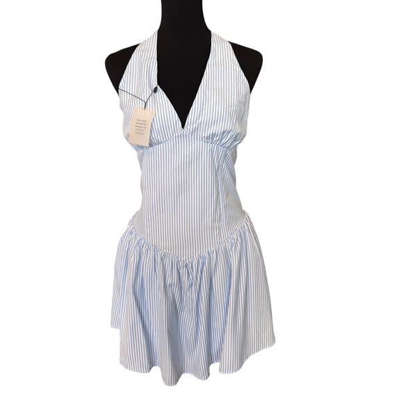New MORE TO COME REVOLVE Women's Baby Blue Stripe Halterneck Mini Dress Size L - Picture 4 of 8